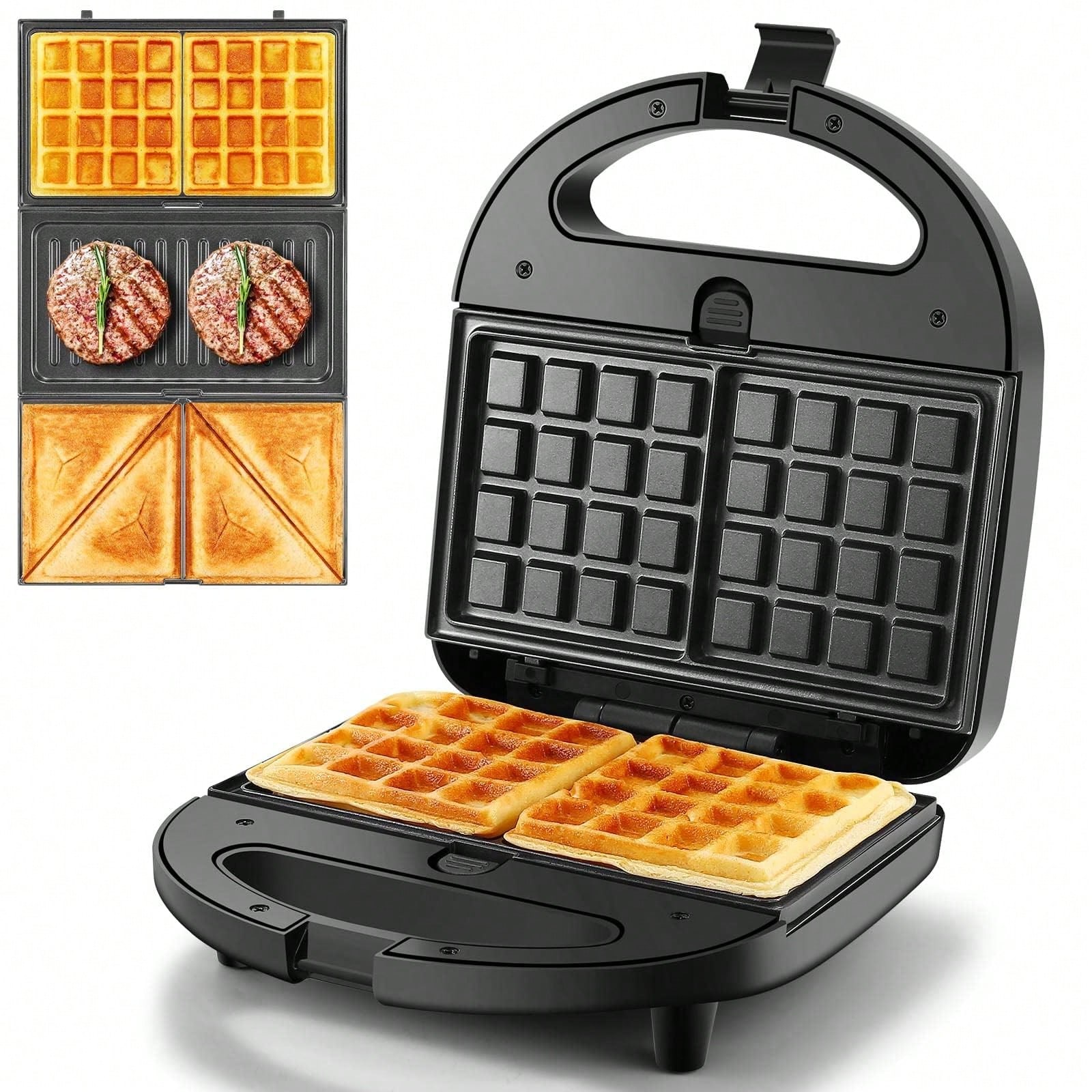 Breakfast Sandwich Press - Machine à gaufres 3-en-1, 750W, plaques